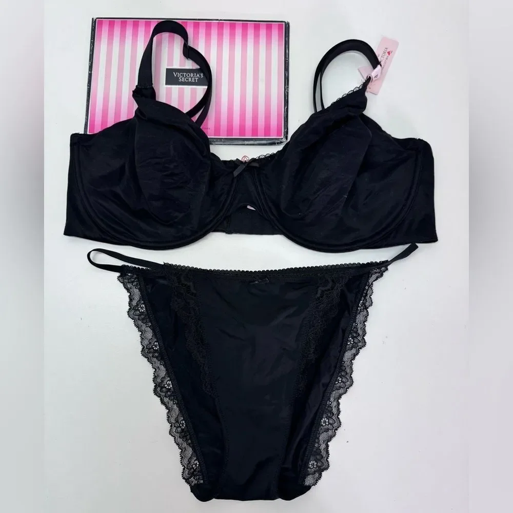 Victoria's Secret Elegant Black Bra and Panty Set Sz 40DDD & XL NWT